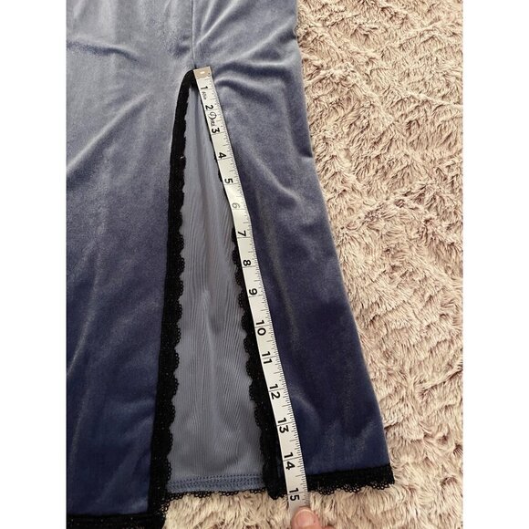 Forever 21‎ Womens Velvet Slip Dress With Lace Trim & Side Slit In Blue - Picture 10 of 15